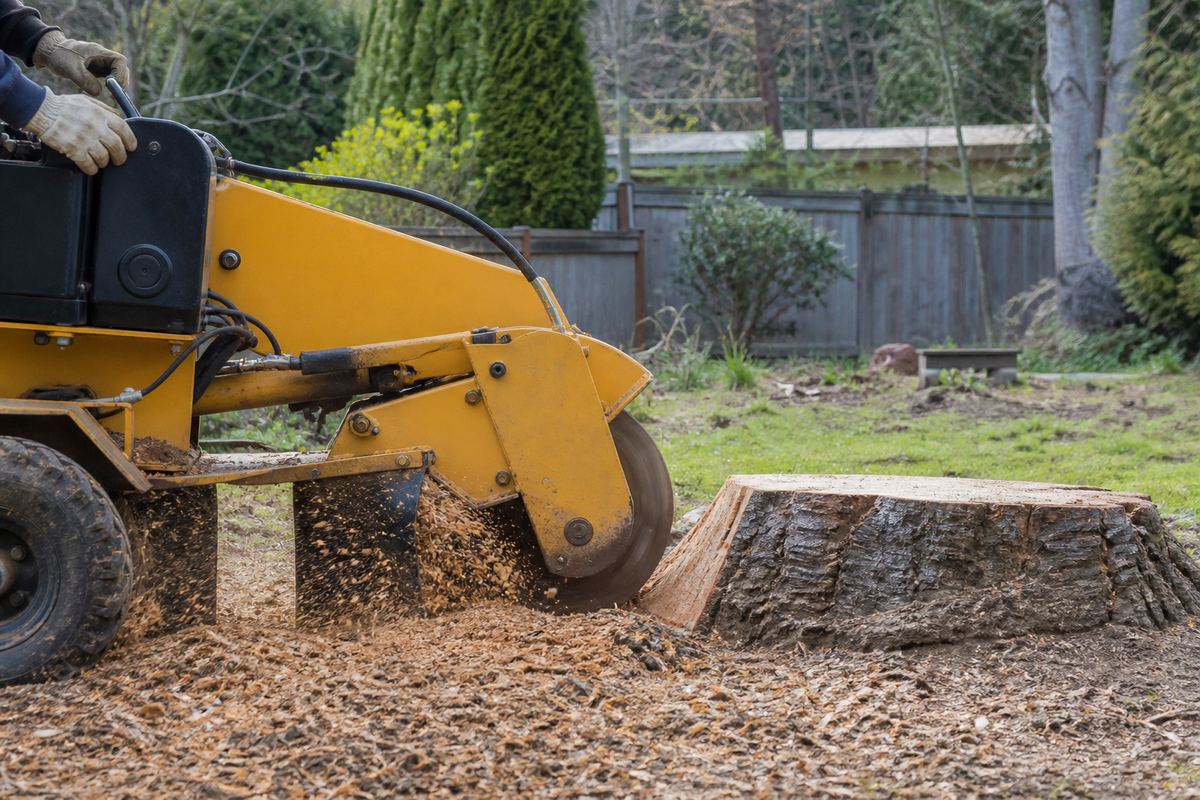 Stump grinder clearing a residential stump